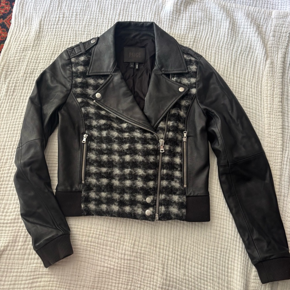 Paige Shelley Leather and Wool plaid moto jacket size small white and black
